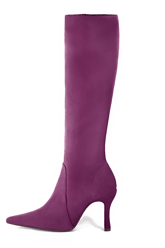 Mulberry purple women's feminine knee-high boots. Pointed toe. Very high spool heels. Made to measure. Profile view - Florence KOOIJMAN